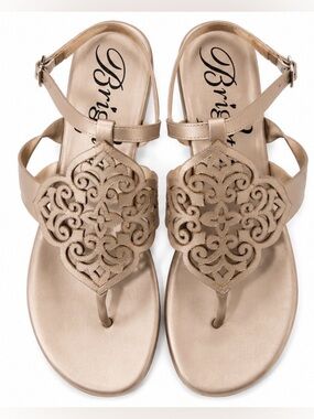 Brighton Lina Laser Cut Lattice Medallion Leather Strap Sandal Beige Resort 8